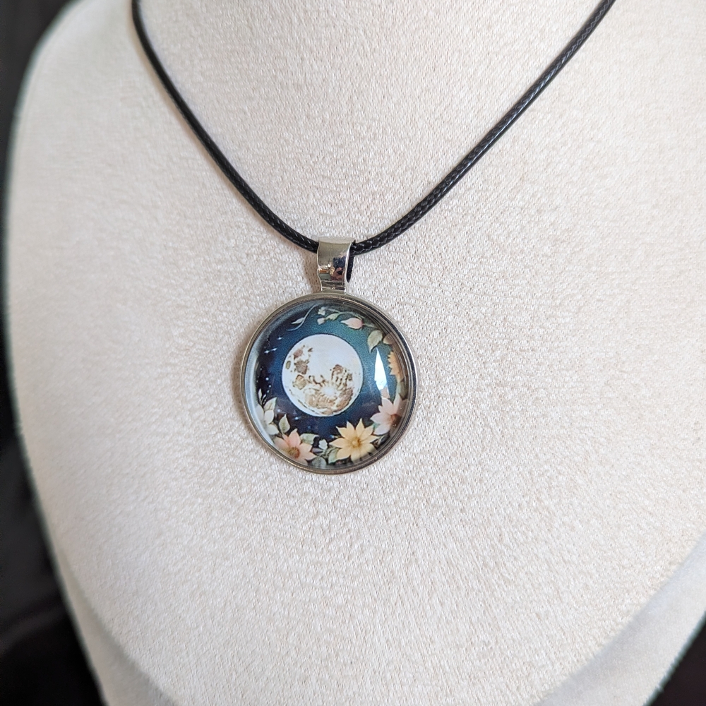 Elegant Floral Moon Pendant Necklace with Black Cord